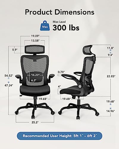 HUANUO Ergonomic Mesh Office Chair, High Back Desk Chair with Adjustable Lumbar Support & Headrest, Flip-Up Armrests, and Adjustable Height, Home Computer Chair with Tilt Lock Function