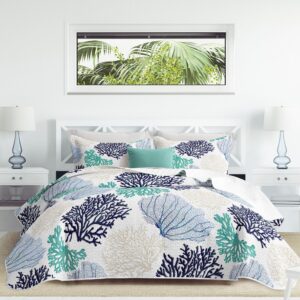 3 piece blue teal coral coastal quilt sets king size nautical beach bedding lightweight reversible microfiber coverlet with 2 shams ocean themed bedspread comforter set for all season, 96" x 106"