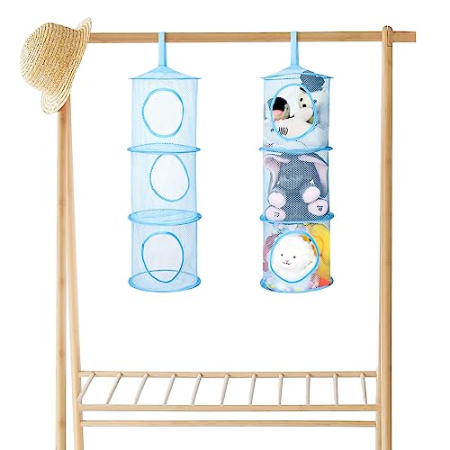 Fuyamp 2Pcs 75 * 26cm Stuffed Animal Storage Mesh Foldable Stuffed Animals Organizer Net or Hammock, 3 Compartments Hanging Mesh Toy Storage Basket for Kids Girls Boys Room Bathroom (Blue)