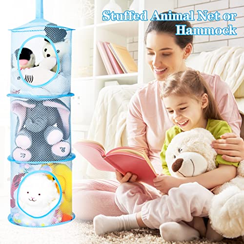 Fuyamp 2Pcs 75 * 26cm Stuffed Animal Storage Mesh Foldable Stuffed Animals Organizer Net or Hammock, 3 Compartments Hanging Mesh Toy Storage Basket for Kids Girls Boys Room Bathroom (Blue)