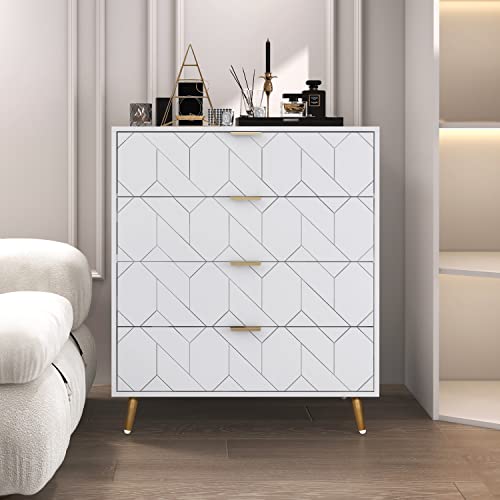 Pvillez 4 Drawer Dresser, Wood Drawer Chest, Tall Storage Dresser Cabinet Organizer Unit with Metal Legs, White Dresser for Bedroom, Living Room, Baby, Kids, Nursery, Closet Dresser, Night Stand