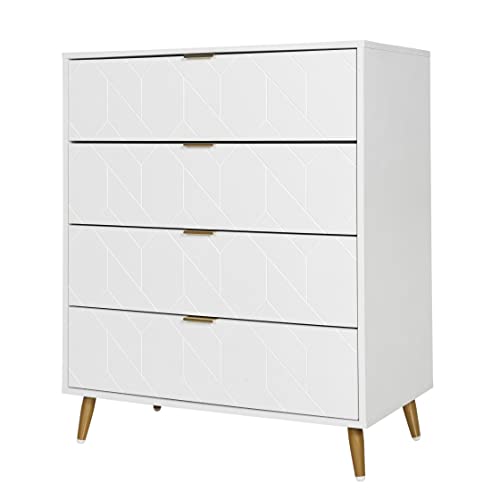 Pvillez 4 Drawer Dresser, Wood Drawer Chest, Tall Storage Dresser Cabinet Organizer Unit with Metal Legs, White Dresser for Bedroom, Living Room, Baby, Kids, Nursery, Closet Dresser, Night Stand