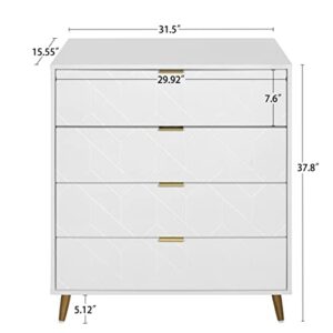 Pvillez 4 Drawer Dresser, Wood Drawer Chest, Tall Storage Dresser Cabinet Organizer Unit with Metal Legs, White Dresser for Bedroom, Living Room, Baby, Kids, Nursery, Closet Dresser, Night Stand