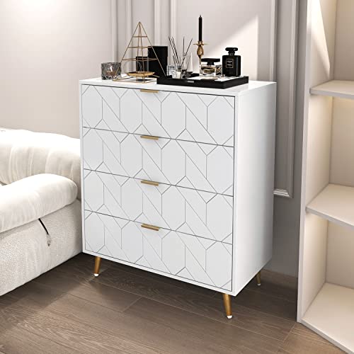 Pvillez 4 Drawer Dresser, Wood Drawer Chest, Tall Storage Dresser Cabinet Organizer Unit with Metal Legs, White Dresser for Bedroom, Living Room, Baby, Kids, Nursery, Closet Dresser, Night Stand