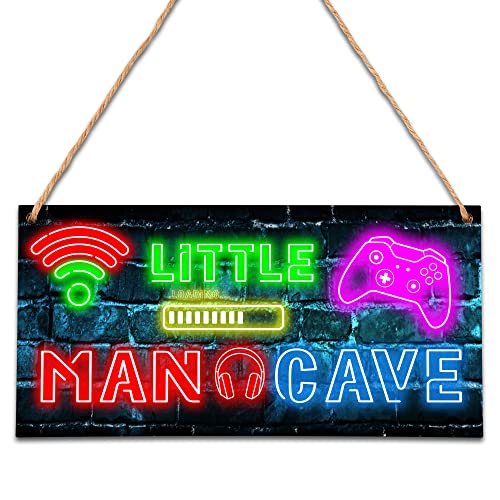 Little Man Cave, Neon Gaming Wooden Door Sign for Gamer Room Decor, Boys Decorations for Bedroom Nursery Playroom Wall Art (5"x10") -A06