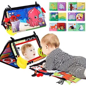 drmation tummy time toys, baby play mat 3 in 1 baby mirror and 2 animal theme crinkle cloth books kit,montessori infant toys for babies 0 3 6 9 months boys girls crawling sensory toy