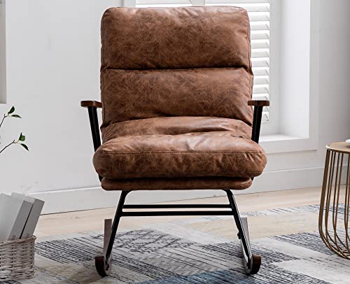 VESCASA Faux Leather Rocking Chair with Adjustable Cushioned Back, Overstuffed Nursery Rocker with Wood Arms, 22" W Lounge Glider Chair for Living Room/Bedroom/Reading, Brown