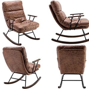 VESCASA Faux Leather Rocking Chair with Adjustable Cushioned Back, Overstuffed Nursery Rocker with Wood Arms, 22" W Lounge Glider Chair for Living Room/Bedroom/Reading, Brown