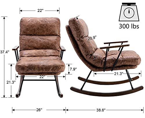 VESCASA Faux Leather Rocking Chair with Adjustable Cushioned Back, Overstuffed Nursery Rocker with Wood Arms, 22" W Lounge Glider Chair for Living Room/Bedroom/Reading, Brown