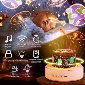 Jovow Baby Night Light for Kids, Rotating Star Light Projector for Kids with Music and Remote Timer, 84 Light Modes 14 Films,Rechargeable Bedroom Decor Gift for Boys Girls(Pink Snow House)