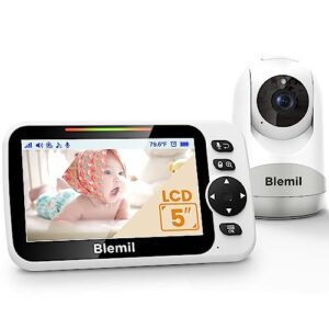 blemil baby monitor with 30-hour battery, 5" large split-screen video baby monitor with camera and audio, remote pan/tilt/zoom camera, two-way talk, night vision, lullabies, no wifi