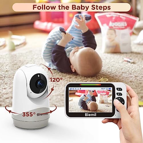 Blemil Baby Monitor with 30-Hour Battery, 5" Large Split-Screen Video Baby Monitor with Camera and Audio, Remote Pan/Tilt/Zoom Camera, Two-Way Talk, Night Vision, Lullabies, No WiFi