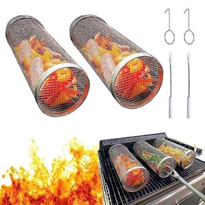 yunsuelo bbq net tube - rolling grilling basket, greatest grilling basket ever, stainless steel wire mesh cylinder grill basket, portable outdoor camping non-stick barbecue (7.87in 2pack)