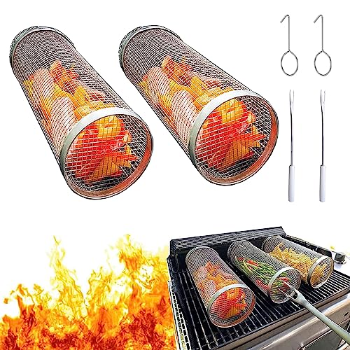 Yunsuelo BBQ Net Tube - Rolling Grilling Basket, Greatest Grilling Basket Ever, Stainless Steel Wire Mesh Cylinder Grill Basket, Portable Outdoor Camping Non-Stick Barbecue (7.87in 2pack)