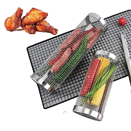 Yunsuelo BBQ Net Tube - Rolling Grilling Basket, Greatest Grilling Basket Ever, Stainless Steel Wire Mesh Cylinder Grill Basket, Portable Outdoor Camping Non-Stick Barbecue (7.87in 2pack)