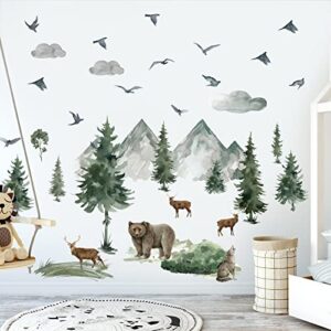 Woodland Nursery Wall Stickers Watercolor Mountain Tree Wall Decal Jungle Trees Animals Wall Decals Sticker DIY Cartoon Deer Bear Wolf Forest Animal Wall Decal for Kids Room Bedroom Nursery Decor