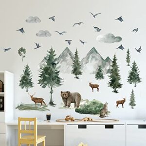 Woodland Nursery Wall Stickers Watercolor Mountain Tree Wall Decal Jungle Trees Animals Wall Decals Sticker DIY Cartoon Deer Bear Wolf Forest Animal Wall Decal for Kids Room Bedroom Nursery Decor