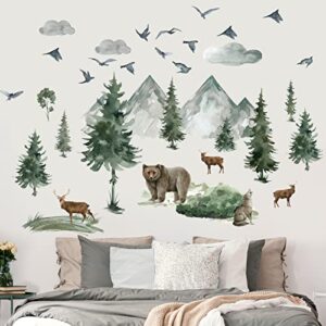 Woodland Nursery Wall Stickers Watercolor Mountain Tree Wall Decal Jungle Trees Animals Wall Decals Sticker DIY Cartoon Deer Bear Wolf Forest Animal Wall Decal for Kids Room Bedroom Nursery Decor