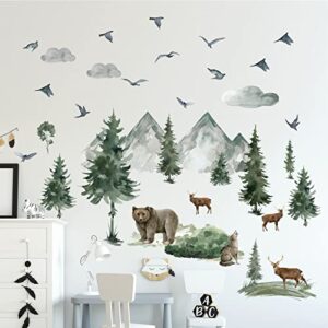 Woodland Nursery Wall Stickers Watercolor Mountain Tree Wall Decal Jungle Trees Animals Wall Decals Sticker DIY Cartoon Deer Bear Wolf Forest Animal Wall Decal for Kids Room Bedroom Nursery Decor