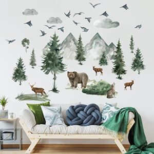 Woodland Nursery Wall Stickers Watercolor Mountain Tree Wall Decal Jungle Trees Animals Wall Decals Sticker DIY Cartoon Deer Bear Wolf Forest Animal Wall Decal for Kids Room Bedroom Nursery Decor