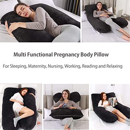 Pregnancy Body Pillows for Sleeping, U Shaped Full Body Pillow for Adults, Maternity Pillows for Women, Support Neck, Back, Belly, Legs, Hip, Removable Velvet Cover Washable, 55 inches Black