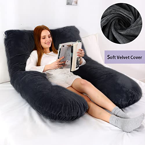 Pregnancy Body Pillows for Sleeping, U Shaped Full Body Pillow for Adults, Maternity Pillows for Women, Support Neck, Back, Belly, Legs, Hip, Removable Velvet Cover Washable, 55 inches Black