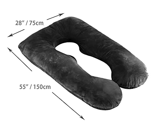 Pregnancy Body Pillows for Sleeping, U Shaped Full Body Pillow for Adults, Maternity Pillows for Women, Support Neck, Back, Belly, Legs, Hip, Removable Velvet Cover Washable, 55 inches Black