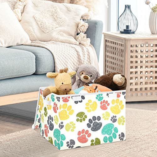 Gredecor Storage Basket Bins with Lid Colorful Doodle Dog Paw Storage Boxes Organizer with Handle 16.5"x12.6"x11.8" Large Collapsible Storage Cube for Toys Bedroom Nursery Home