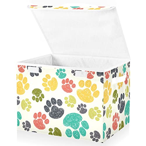 Gredecor Storage Basket Bins with Lid Colorful Doodle Dog Paw Storage Boxes Organizer with Handle 16.5"x12.6"x11.8" Large Collapsible Storage Cube for Toys Bedroom Nursery Home