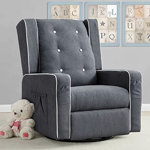 VUYUYU Upholstered Glider Chair for Nursery, Swivel Rocking Recliner Chairs Manual Reclining Chair with Cup Holders/Side Pockets (Grey)