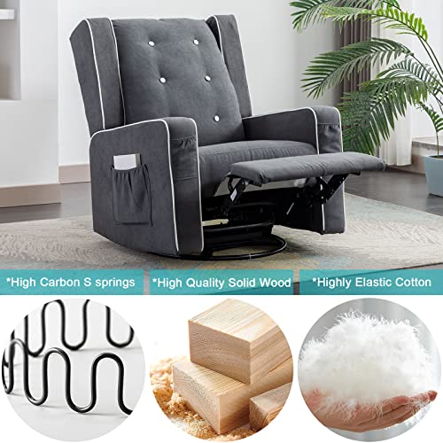 VUYUYU Upholstered Glider Chair for Nursery, Swivel Rocking Recliner Chairs Manual Reclining Chair with Cup Holders/Side Pockets (Grey)