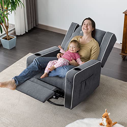 VUYUYU Upholstered Glider Chair for Nursery, Swivel Rocking Recliner Chairs Manual Reclining Chair with Cup Holders/Side Pockets (Grey)