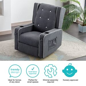 VUYUYU Upholstered Glider Chair for Nursery, Swivel Rocking Recliner Chairs Manual Reclining Chair with Cup Holders/Side Pockets (Grey)