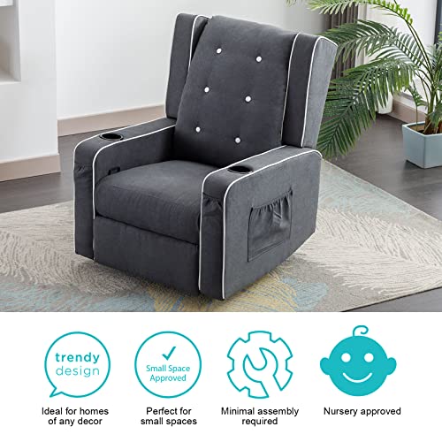 VUYUYU Upholstered Glider Chair for Nursery, Swivel Rocking Recliner Chairs Manual Reclining Chair with Cup Holders/Side Pockets (Grey)