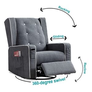 VUYUYU Upholstered Glider Chair for Nursery, Swivel Rocking Recliner Chairs Manual Reclining Chair with Cup Holders/Side Pockets (Grey)