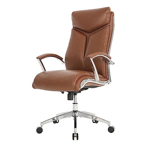 Realspace® Modern Comfort Verismo Bonded Leather High-Back Executive Chair, Brown/Chrome, BIFMA Certified