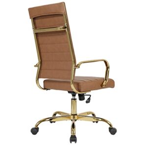 LANDSUN Home Office Chair High Back Executive Chair Ribbed PU Leather Computer Desk Chair with Armrests Soft Padded Adjustable Height Swivel Conference Gold Frame Leg Brown