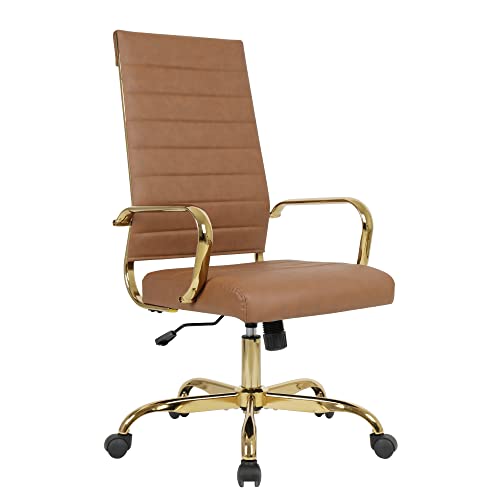 LANDSUN Home Office Chair High Back Executive Chair Ribbed PU Leather Computer Desk Chair with Armrests Soft Padded Adjustable Height Swivel Conference Gold Frame Leg Brown