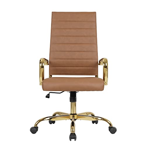 LANDSUN Home Office Chair High Back Executive Chair Ribbed PU Leather Computer Desk Chair with Armrests Soft Padded Adjustable Height Swivel Conference Gold Frame Leg Brown