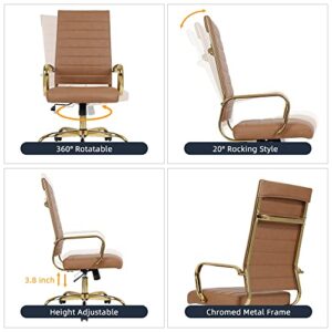 LANDSUN Home Office Chair High Back Executive Chair Ribbed PU Leather Computer Desk Chair with Armrests Soft Padded Adjustable Height Swivel Conference Gold Frame Leg Brown