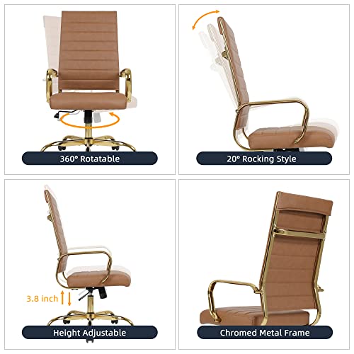 LANDSUN Home Office Chair High Back Executive Chair Ribbed PU Leather Computer Desk Chair with Armrests Soft Padded Adjustable Height Swivel Conference Gold Frame Leg Brown