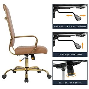 LANDSUN Home Office Chair High Back Executive Chair Ribbed PU Leather Computer Desk Chair with Armrests Soft Padded Adjustable Height Swivel Conference Gold Frame Leg Brown