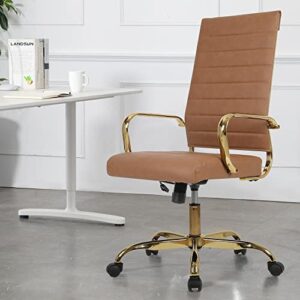 LANDSUN Home Office Chair High Back Executive Chair Ribbed PU Leather Computer Desk Chair with Armrests Soft Padded Adjustable Height Swivel Conference Gold Frame Leg Brown