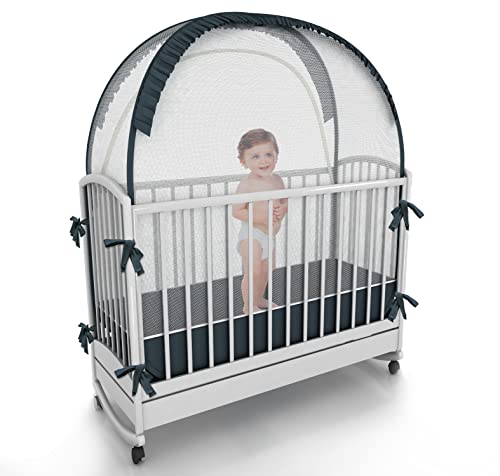 Mumzei Baby Crib Tent to Keep Baby from Climbing Out - Pop Up Safety Crib Net to Keep Baby in - Crib Mosquito Net – See Through Premium Mesh Cover - Grey