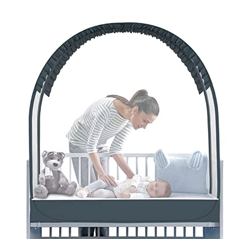 Mumzei Baby Crib Tent to Keep Baby from Climbing Out - Pop Up Safety Crib Net to Keep Baby in - Crib Mosquito Net – See Through Premium Mesh Cover - Grey