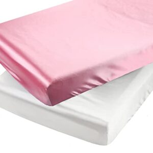 Satin Pack n Play Sheet Set 2 Pack Ultra Soft Silk Fitted Mini Crib Sheets Playard Sheet Protect for Baby Hair and Skin, Pink & White