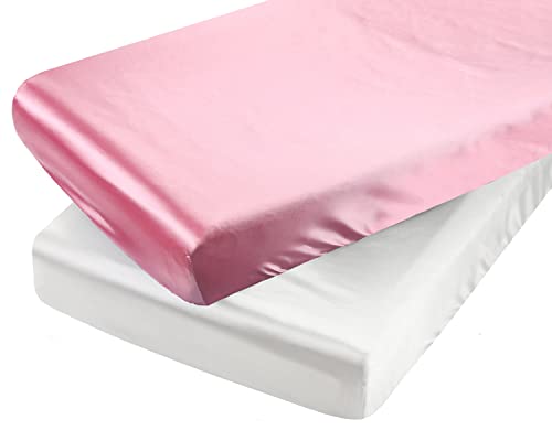 Satin Pack n Play Sheet Set 2 Pack Ultra Soft Silk Fitted Mini Crib Sheets Playard Sheet Protect for Baby Hair and Skin, Pink & White