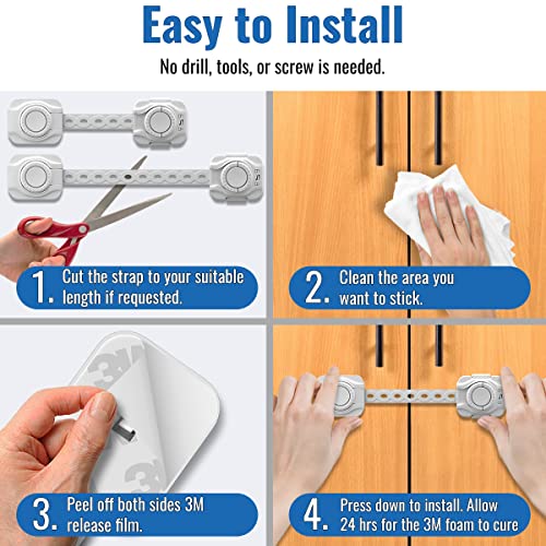 JOINPRO 8 Pack Safety Child Locks for Cabinets & Drawers, Fridge, Toilet, Latches, Baby Proofing Strap Locks with 8 Extra 3M Adhesives; Triple Lock Protection (Easy Installation, No Drilling Required)