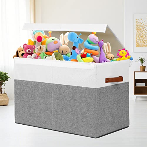 Large Toy Storage Box with Lid, Sturdy Toys Storage Chest Bin Organizer Basket with Dividers for Kids, Boys, Girls, Nursery, Closet, Bedroom, Playroom 25"x13" x16" (Grey and White)