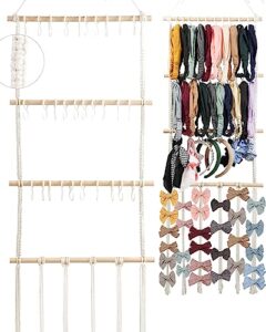 mohern headband bow holder organizer for girls, baby hair bows hanger with 30 hooks, hair clip accessories storage macrame rack boho wall hanging decor for nursery room